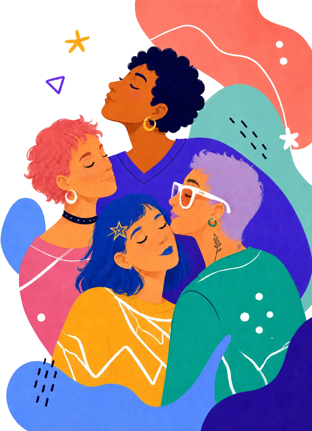 Illustration: a group of people embracing, with many styles and identities.